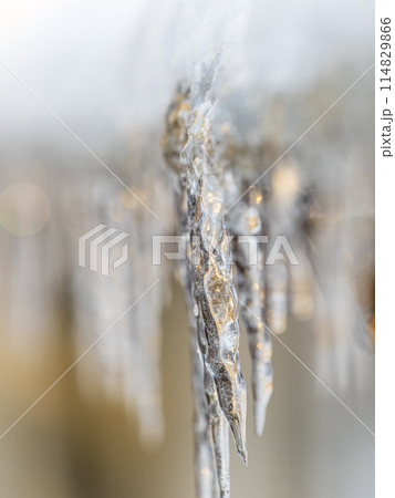 Transparent icicle on a gray background with copy space 114829866