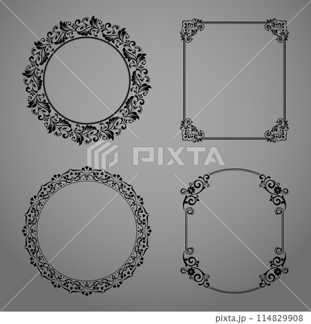 Set of decorative frames Elegant vector element for design in Eastern style, place for text. Floral black and gray borders. Lace illustration for invitations and greeting cards Set of decorative frames Elegant vector element for design in Eastern style, place for text. Floral black and gray borders. Lace illustration for invitations and greeting cards 114829908