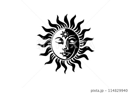 Vintage Mystichal Sun with Face: Vintage Logo Design Vector Illustration. Vintage Mystichal Sun with Face: Vintage Logo Design Vector Illustration. 114829940