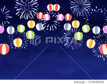 花火とカラフルなお祭り提灯の背景素材イラスト 114830032
