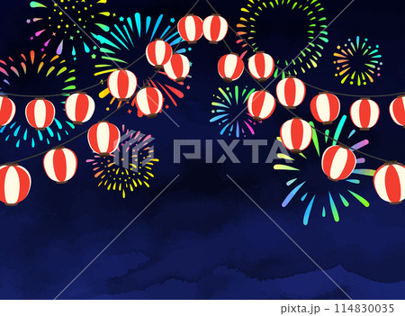 花火とお祭り提灯の背景素材イラスト 114830035