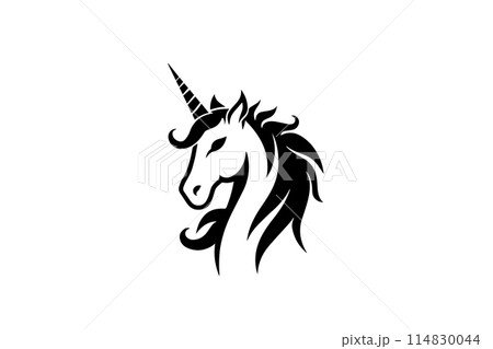 Black and White Unicorn Head: Sketch Vector Logo for Modern Fantasy Art. Black and White Unicorn Head: Sketch Vector Logo for Modern Fantasy Art. 114830044