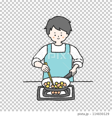 一個男人在煎鍋裡煎炸配料的插圖 一個男人在煎鍋裡煎炸配料的插圖 114830129