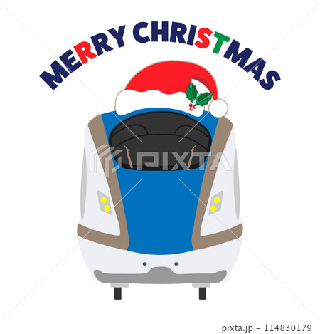 MERRY CHRISTMASの文字とサンタクロースの帽子をかぶった北陸新幹線のイラスト MERRY CHRISTMASの文字とサンタクロースの帽子をかぶった北陸新幹線のイラスト 114830179