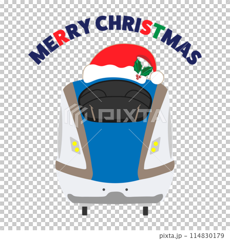 MERRY CHRISTMASの文字とサンタクロースの帽子をかぶった北陸新幹線のイラスト MERRY CHRISTMASの文字とサンタクロースの帽子をかぶった北陸新幹線のイラスト 114830179