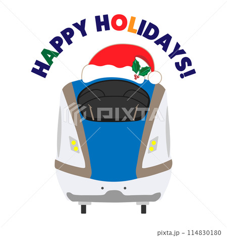 HAPPY HOLIDAYSの文字とサンタ帽子をかぶった北陸新幹線のイラスト HAPPY HOLIDAYSの文字とサンタ帽子をかぶった北陸新幹線のイラスト 114830180