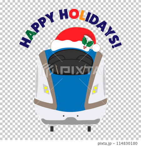 HAPPY HOLIDAYSの文字とサンタ帽子をかぶった北陸新幹線のイラスト HAPPY HOLIDAYSの文字とサンタ帽子をかぶった北陸新幹線のイラスト 114830180