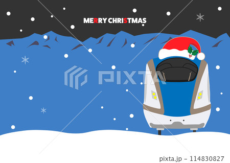 MERRY CHRISTMASの文字とサンタ帽をかぶった北陸新幹線のデザインイラスト 横 114830827