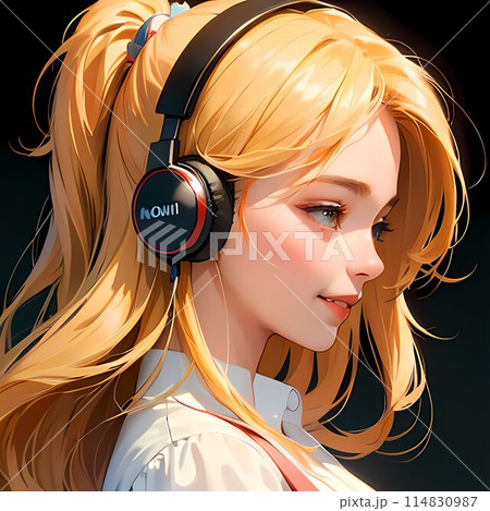 ワイヤレスヘッドホンで音楽を聴く少女 114830987