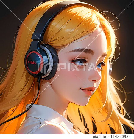 黒背景で音楽を聴く女性 114830989