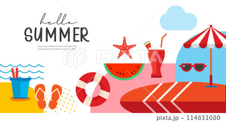 Hello summer poster and banners design. Summer with objects elements background. 114831080