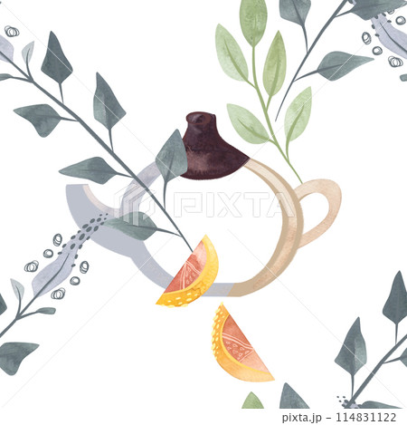 Herb tea. Melissa, mint, glassware, leaves and lemon slices. Seamless watercolor pattern for fabric, wallpaper, wrapping paper, packaging cosmetics, tablecloths, curtains and home textiles. Herb tea. Melissa, mint, glassware, leaves and lemon slices. Seamless watercolor pattern for fabric, wallpaper, wrapping paper, packaging cosmetics, tablecloths, curtains and home textiles. 114831122