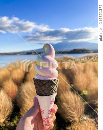 Hand holding soft serve ice cream at Lake Kawaguchiko with Mount Fuji in the background is a popular landmark among tourists. Hand holding soft serve ice cream at Lake Kawaguchiko with Mount Fuji in the background is a popular landmark among tourists. 114831373