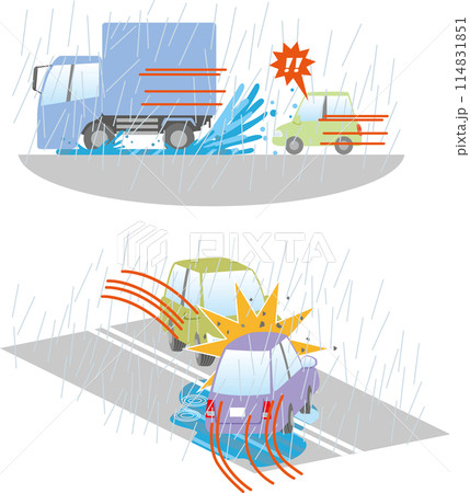 交通安全<雨天時の交通事故・正面衝突&前車の水飛沫によるスリップ事故の危険> 交通安全<雨天時の交通事故・正面衝突&前車の水飛沫によるスリップ事故の危険> 114831851