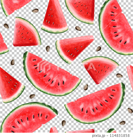 Ripe red watermelon slices with seeds watercolor seamless pattern on white Hand drawn summer fruits background with delicious organic food in realistic style 114831858