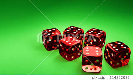 Gambling game banner. Six red dice on the green table. 3d render. Gambling game banner. Six red dice on the green table. 3d render. 114832055
