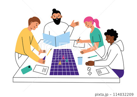 Friends playing roleplay board game. Boardgame composition. Cartoon people spending leisure time together, having fun. Dungeons and dragons on table. Vector illustrations of hobby, group activity 114832209