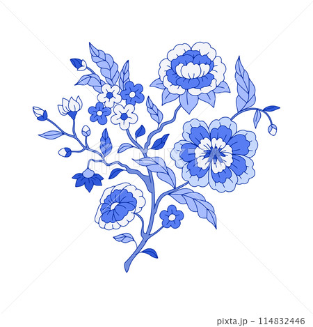 Monochrome blue floral chinoiserie motifs isolated on white background Monochrome blue floral chinoiserie motifs isolated on white background 114832446