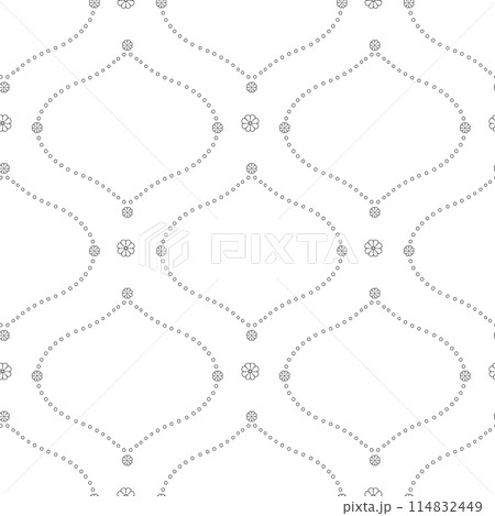 Seamless pattern with black linear floral ogee geometrical motifs on a white background Seamless pattern with black linear floral ogee geometrical motifs on a white background 114832449