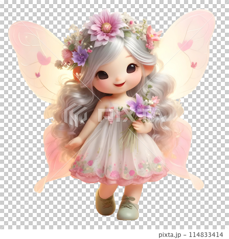 3d fairy with bouquet of flowers  114833414