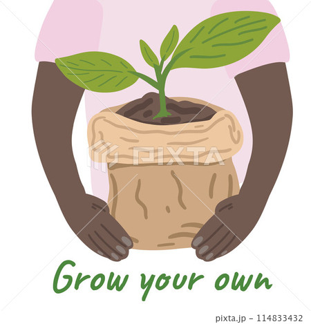 Grow your own flat design plant in a bag in black man arms Grow your own flat design plant in a bag in black man arms 114833432