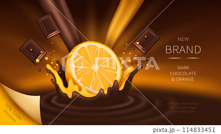 Chocolate and orange falling into splash vector 114833451