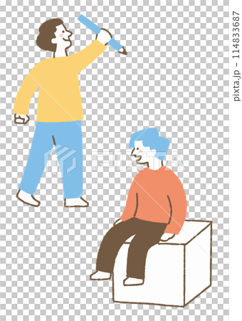 大きな鉛筆を持つ男性と椅子に座る男性_色 114833687
