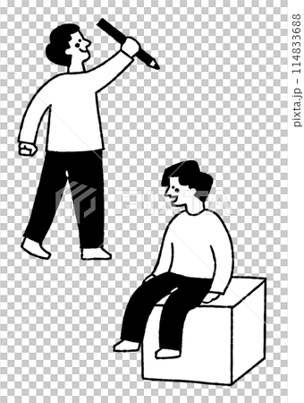 大きな鉛筆を持つ男性と椅子に座る男性_2 114833688