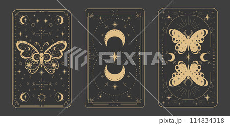 Tarot reverce border magic sacred cover card frame gold line border celelstial mystery esoteric decoration with moth stars and moon on dark background. 114834318