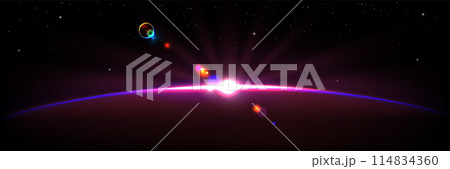 Planet horizon purple glow with rays and sparkle. 114834360
