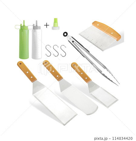 Barbecue and grill spatula bottle hook tongs tools set on White Background Barbecue and grill spatula bottle hook tongs tools set on White Background 114834420