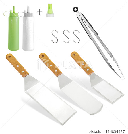Barbecue and grill spatula bottle hook tongs tools set on White Background Barbecue and grill spatula bottle hook tongs tools set on White Background 114834427