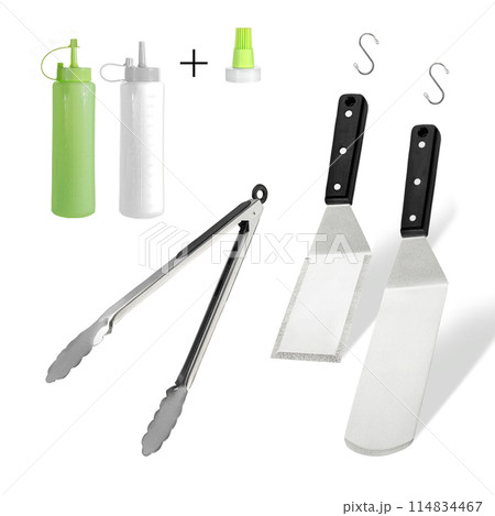 Barbecue and grill spatula bottle hook tongs tools set on White Background 114834467