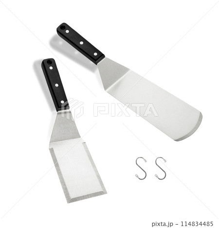 Barbecue and grill spatula bottle hook tongs tools set on White Background Barbecue and grill spatula bottle hook tongs tools set on White Background 114834485