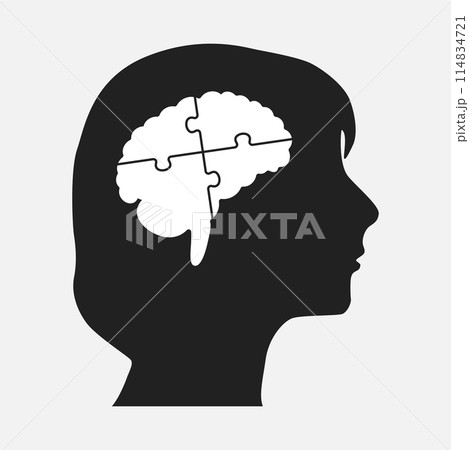 Female head with puzzle brain. Strategy, jigsaw 114834721