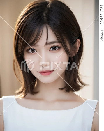 白ドレス姿で優しく微笑むミディアムヘアの女性 白ドレス姿で優しく微笑むミディアムヘアの女性 114834723