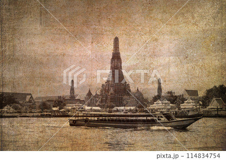Wat Arun with the Chao Phraya River and boats in front is a popular destination for tourists around the world. Bangkok Thailand. Antique vintage illustration Wat Arun with the Chao Phraya River and boats in front is a popular destination for tourists around the world. Bangkok Thailand. Antique vintage illustration 114834754
