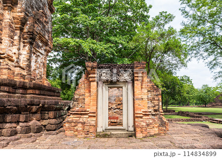 Dvaravati period carved stone lintels on door in Si Thep historical park Phetchabun Province, Thailand 114834899