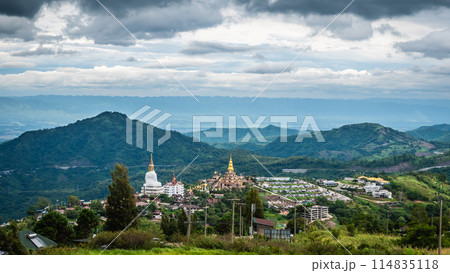 Wat Phra That Pha Son Kaew, wide view with mountain views and sky when it's cloudy. It is a popular destination for tourists. 114835118