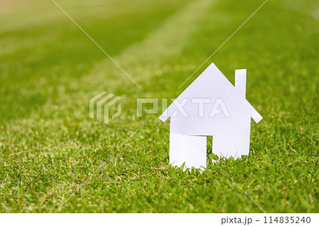 Closed up tiny home model from white paper on green grass background. Success dream life concept. Closed up tiny home model from white paper on green grass background. Success dream life concept. 114835240