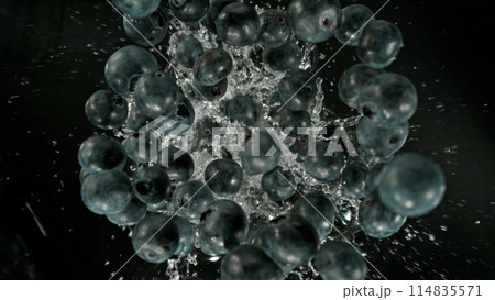 Freeze Motion of Flying Blueberries into Water, Black Background. 114835571