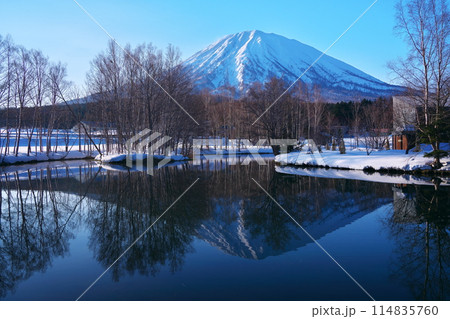 冬の北海道虻田郡倶知安町 早朝の羊蹄姿見池から羊蹄山を臨む 冬の北海道虻田郡倶知安町 早朝の羊蹄姿見池から羊蹄山を臨む 114835760