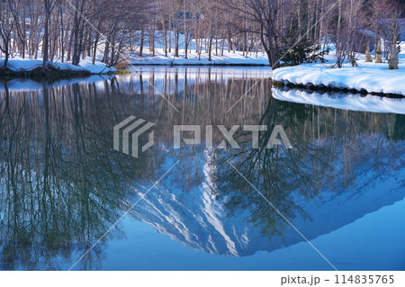 冬の北海道虻田郡倶知安町　早朝の羊蹄姿見池から水鏡の羊蹄山を臨む 114835765