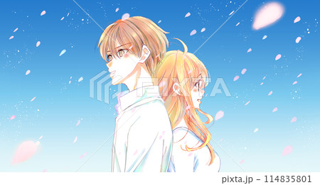 背中合わせの男女　桜吹雪 114835801