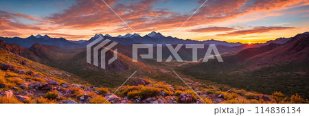 Rugged beauty of a mountain range at golden...のイラスト素材 [114836134] - PIXTA