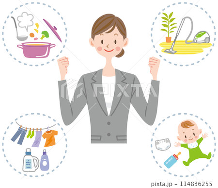 仕事と家事を両立する女性のイラスト　忙しい、共働き、子育て、家事、育児 114836255