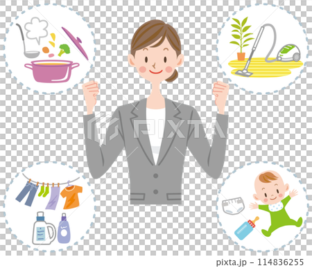 仕事と家事を両立する女性のイラスト　忙しい、共働き、子育て、家事、育児 114836255