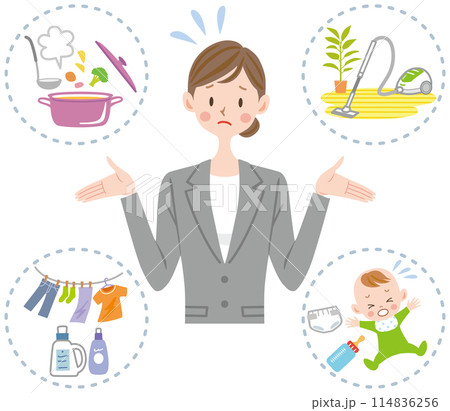 仕事と家事と育児の両立 ストレス 忙しい母親 働く女性 仕事と家事と育児の両立 ストレス 忙しい母親 働く女性 114836256