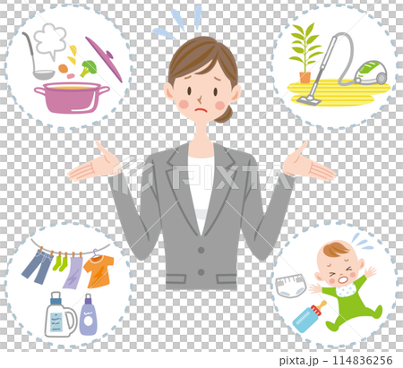 仕事と家事と育児の両立 ストレス 忙しい母親 働く女性 仕事と家事と育児の両立 ストレス 忙しい母親 働く女性 114836256