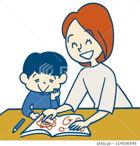 自宅で子供に勉強について褒めて喜ぶお母さん 114836848